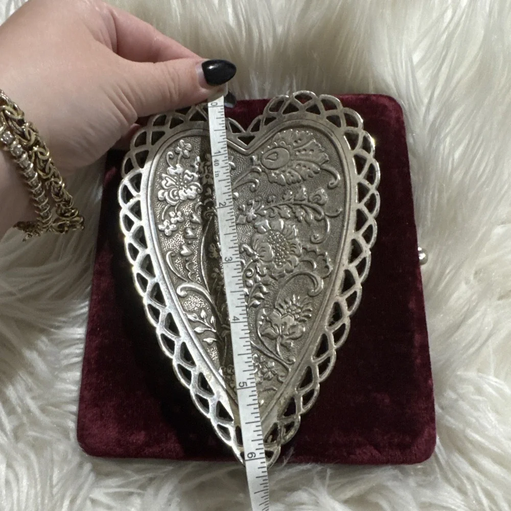 Brighton Vintage Silver Played Heart Shaped Trinket Jewelry Dish Large Floral